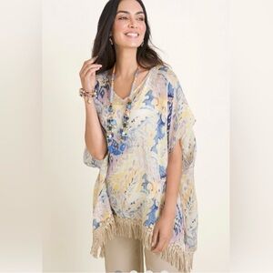 Chico’s paisley linen pastel watercolor fringe hem poncho top L/XL